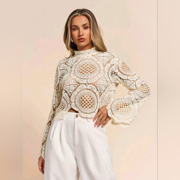 Glamine Long Sleeve StandCollar Water Soluble Flower Inlay Edge Sheer Hollow Top - Picture 6 of 7